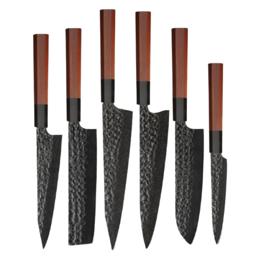 Scoria Sanguine Santoku & Utility mes, handgesmeed keukenmessen van Katzana